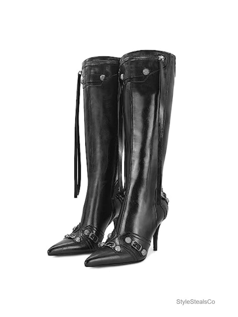Women's Stiletto Knee High Boots Pointed Toe Faux Leather Heeled Boot